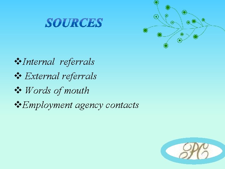 v. Internal referrals v External referrals v Words of mouth v. Employment agency contacts