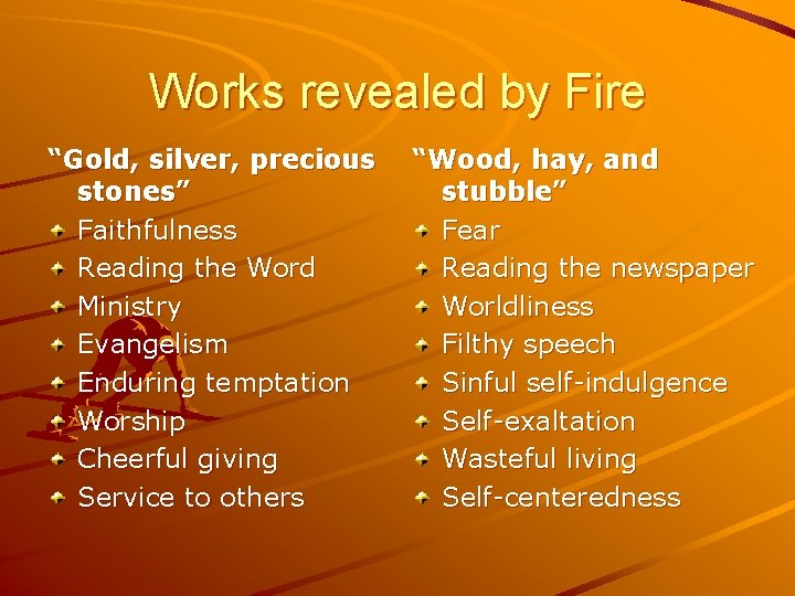 Works revealed by Fire “Gold, silver, precious stones” Faithfulness Reading the Word Ministry Evangelism
