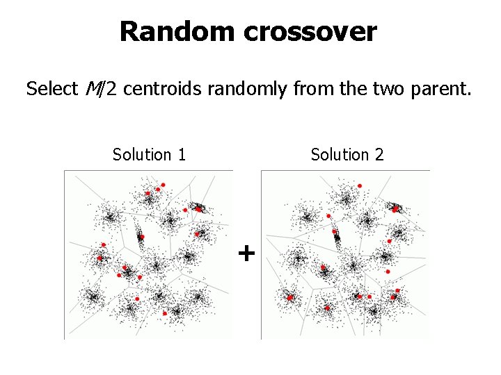 Random crossover Select M/2 centroids randomly from the two parent. Solution 1 Solution 2