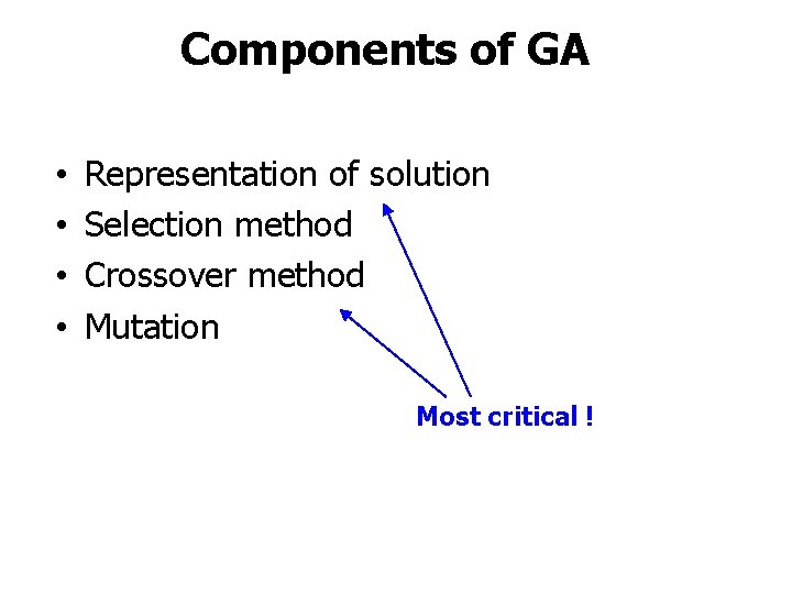 Components of GA • • Representation of solution Selection method Crossover method Mutation Most