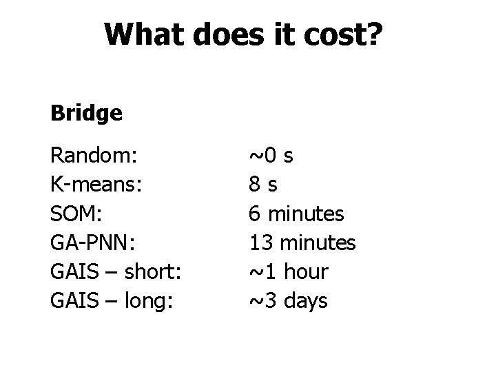 What does it cost? Bridge Random: K-means: SOM: GA-PNN: GAIS – short: GAIS –