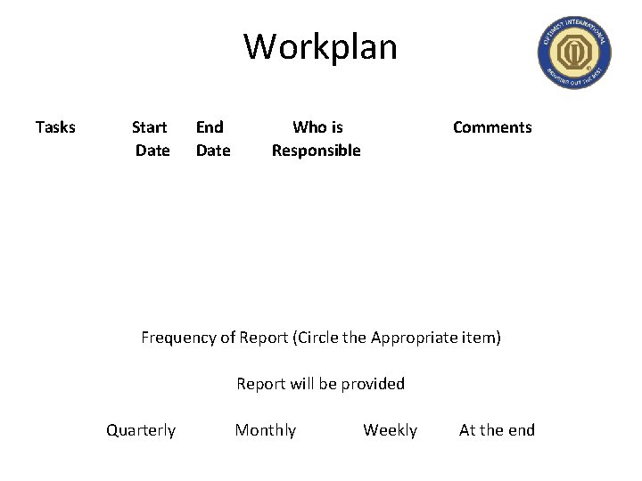 Workplan Tasks Start Date End Date Who is Responsible Comments Frequency of Report (Circle