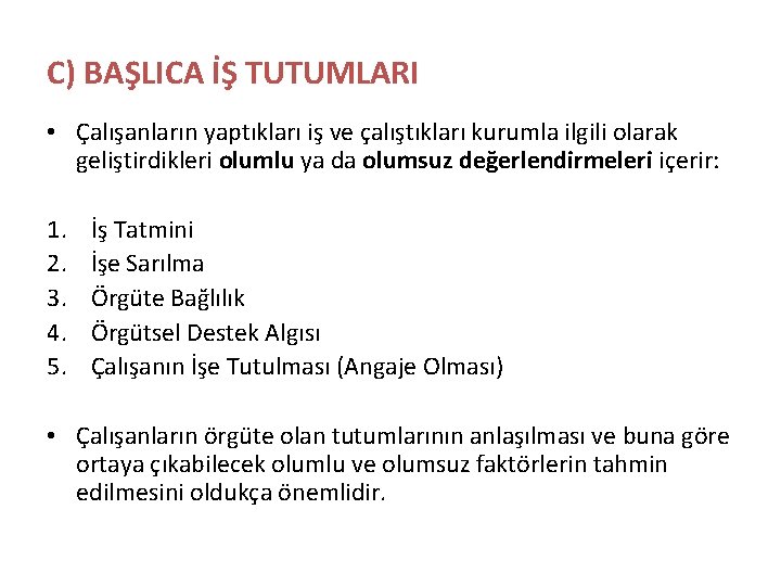 C) BAŞLICA İŞ TUTUMLARI • Çalışanların yaptıkları iş ve çalıştıkları kurumla ilgili olarak geliştirdikleri