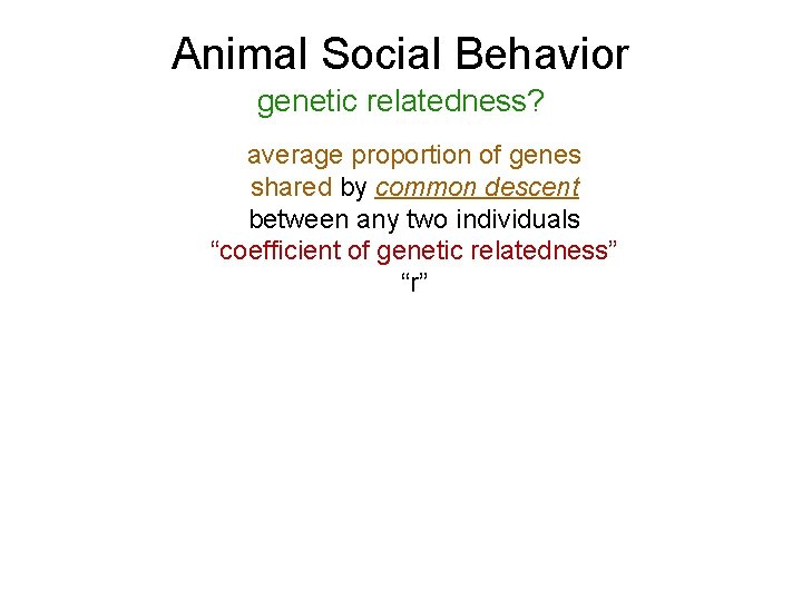 Animal Social Behavior genetic relatedness? average proportion of genes shared by common descent between