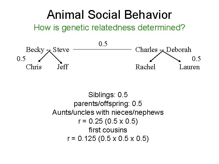 Animal Social Behavior How is genetic relatedness determined? Becky -- Steve 0. 5 Charles