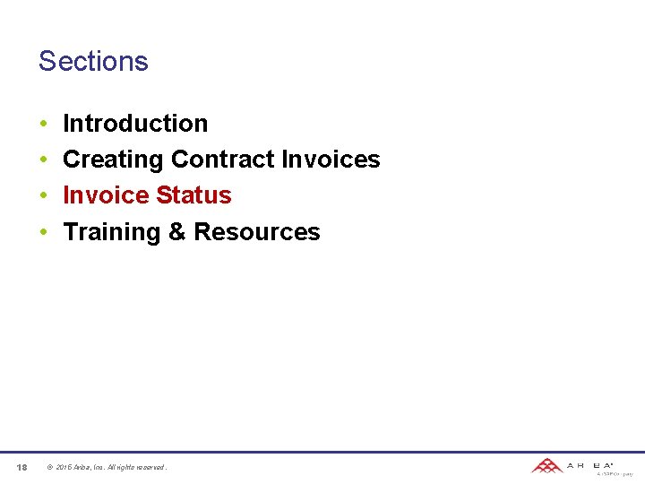 Sections • • 18 Introduction Creating Contract Invoices Invoice Status Training & Resources ©