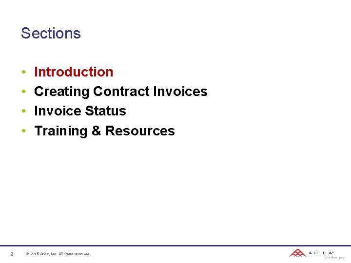 Sections • • 2 Introduction Creating Contract Invoices Invoice Status Training & Resources ©