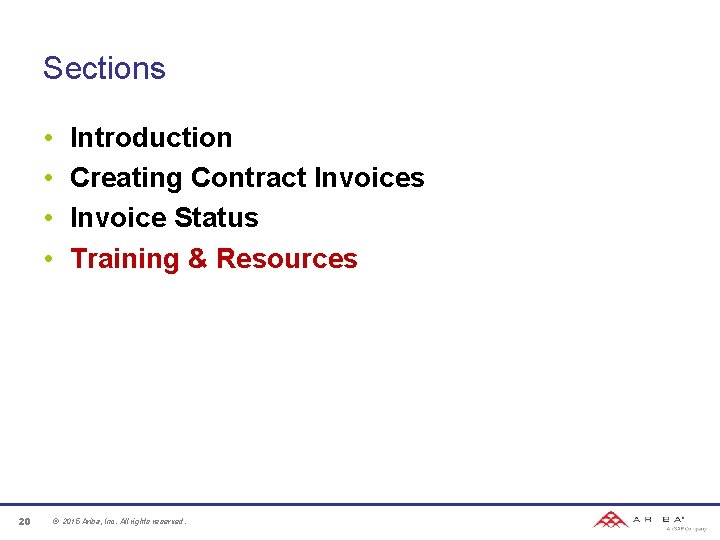 Sections • • 20 Introduction Creating Contract Invoices Invoice Status Training & Resources ©