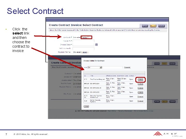 Select Contract • 7 Click the select link and then choose the contract to