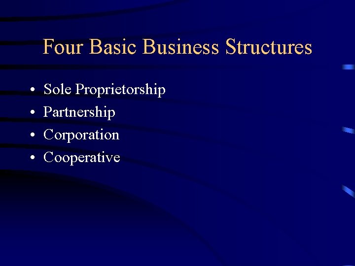 Four Basic Business Structures • • Sole Proprietorship Partnership Corporation Cooperative 