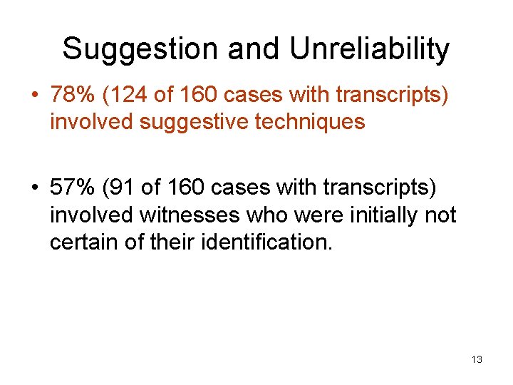 Suggestion and Unreliability • 78% (124 of 160 cases with transcripts) involved suggestive techniques