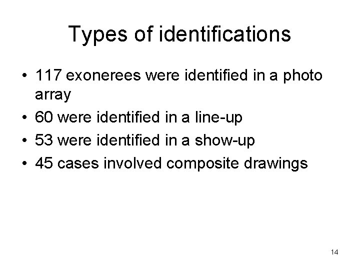 Types of identifications • 117 exonerees were identified in a photo array • 60