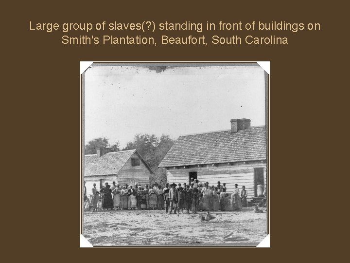 Large group of slaves(? ) standing in front of buildings on Smith's Plantation, Beaufort,