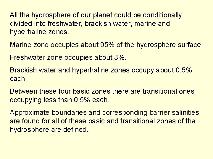 All the hydrosphere of our planet could be conditionally divided into freshwater, brackish water,