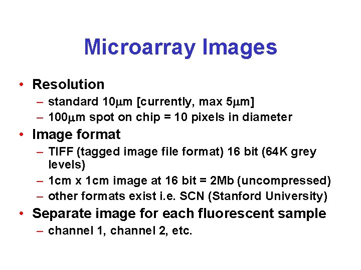 Microarray Images • Resolution – standard 10 m [currently, max 5 m] – 100