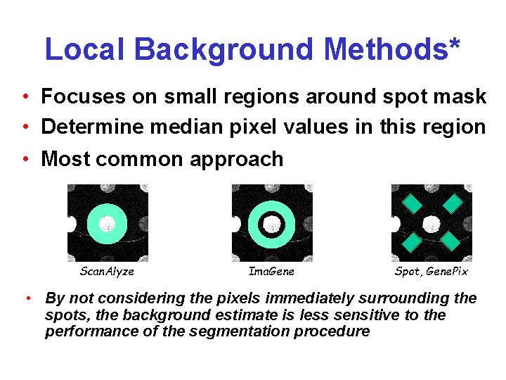 Local Background Methods* • Focuses on small regions around spot mask • Determine median