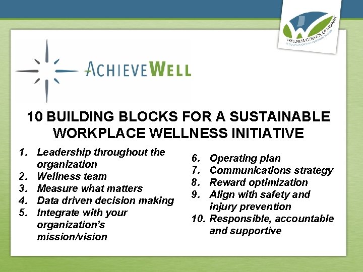 10 BUILDING BLOCKS FOR A SUSTAINABLE WORKPLACE WELLNESS INITIATIVE 1. Leadership throughout the organization