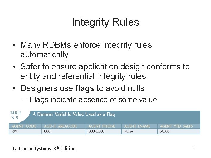 Integrity Rules • Many RDBMs enforce integrity rules automatically • Safer to ensure application