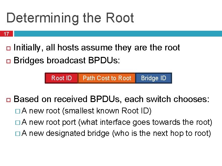 Determining the Root 17 Initially, all hosts assume they are the root Bridges broadcast
