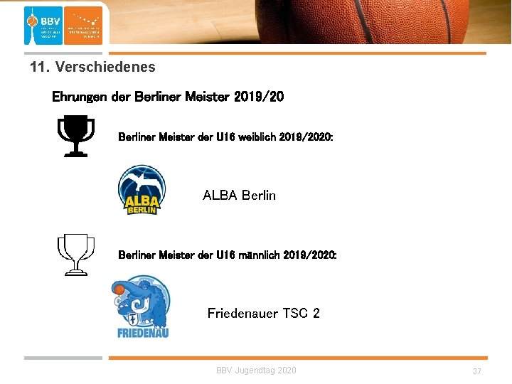  11. Verschiedenes Ehrungen der Berliner Meister 2019/20 Berliner Meister der U 16 weiblich