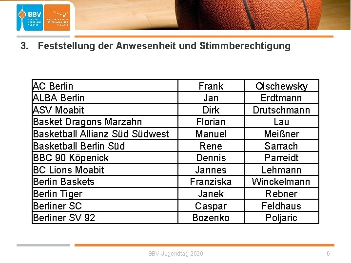  3. Feststellung der Anwesenheit und Stimmberechtigung AC Berlin ALBA Berlin ASV Moabit Basket