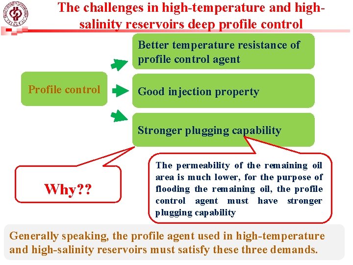 The challenges in high-temperature and highsalinity reservoirs deep profile control Better temperature resistance of