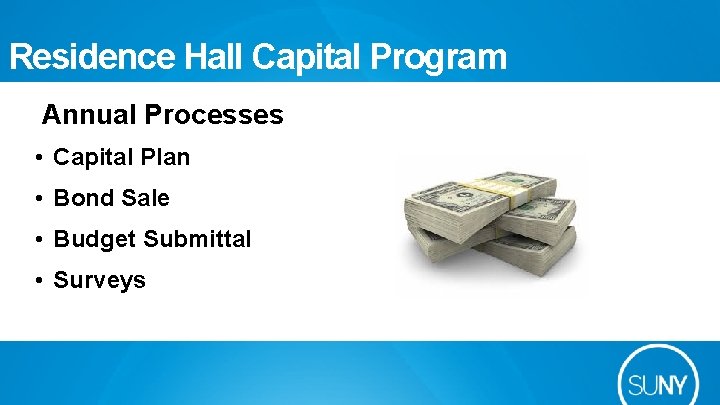 Residence Hall Capital Program Annual Processes • Capital Plan • Bond Sale • Budget