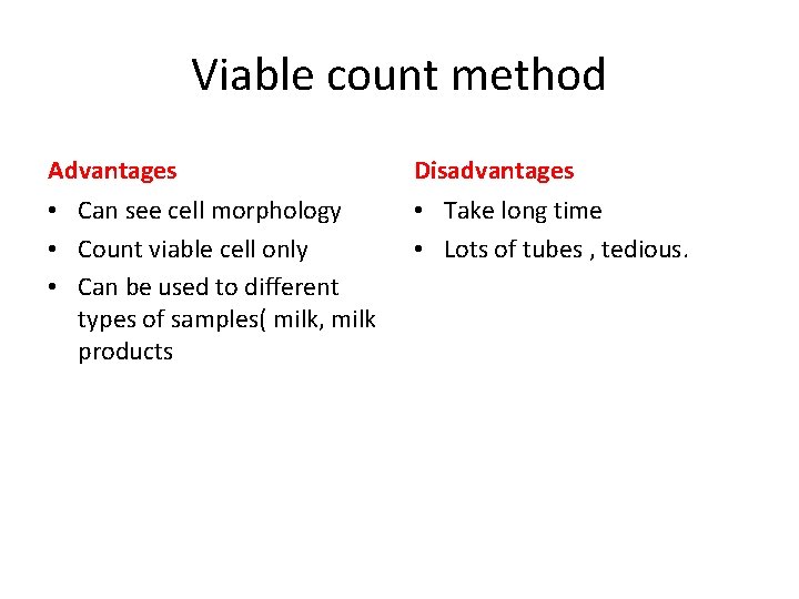 Viable count method Advantages Disadvantages • Can see cell morphology • Count viable cell