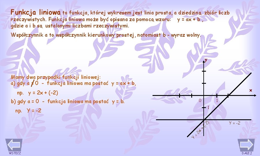 Funkcja liniowa to funkcja, której wykresem jest linia prosta, a dziedziną rzeczywistych. Funkcja liniowa