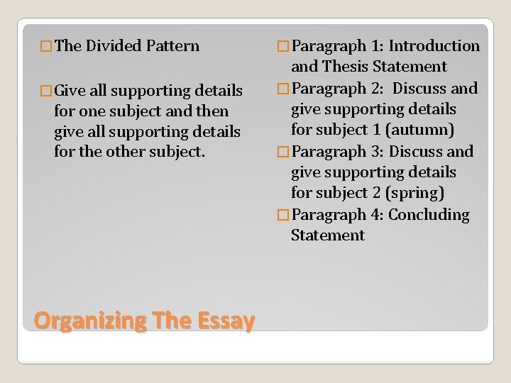 � The Divided Pattern � Give all supporting details for one subject and then