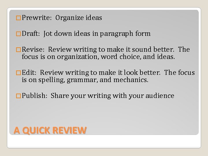 �Prewrite: �Draft: Organize ideas Jot down ideas in paragraph form �Revise: Review writing to