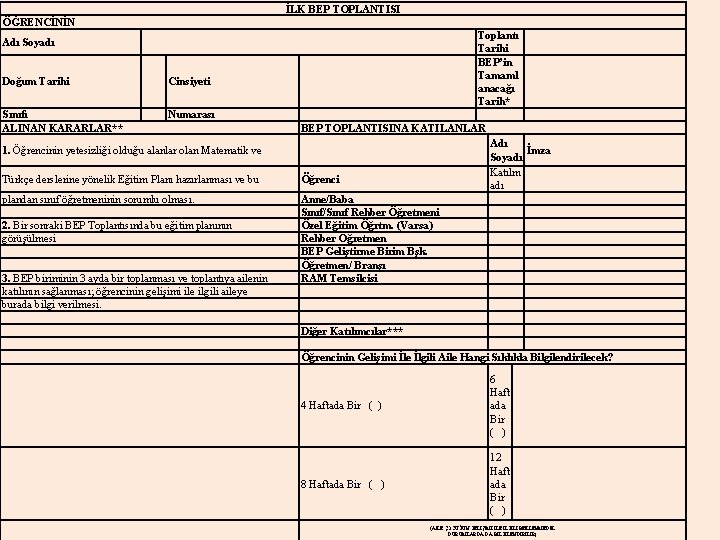 İLK BEP TOPLANTISI ÖĞRENCİNİN Toplantı Tarihi BEP’in Tamaml anacağı Tarih* Adı Soyadı Doğum Tarihi
