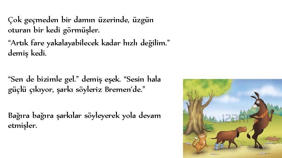 Çok geçmeden bir damın üzerinde, üzgün oturan bir kedi görmüşler. “Artık fare yakalayabilecek kadar