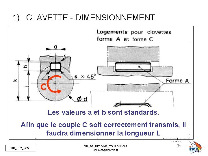 1) CLAVETTE - DIMENSIONNEMENT C Les valeurs a et b sont standards. Afin que