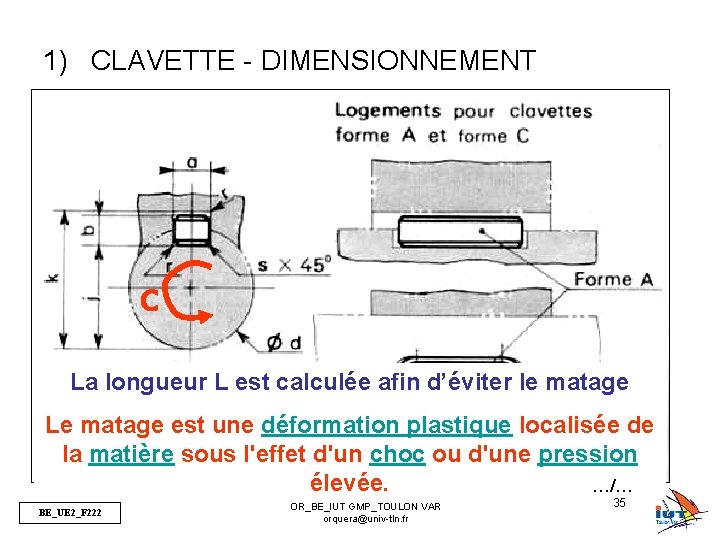 1) CLAVETTE - DIMENSIONNEMENT C La longueur L est calculée afin d’éviter le matage