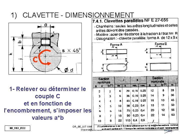 1) CLAVETTE - DIMENSIONNEMENT C 1 - Relever ou déterminer le couple C et