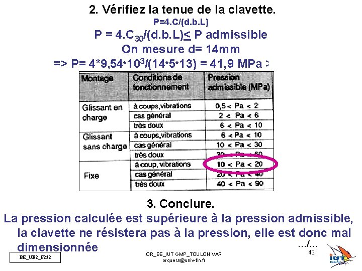 2. Vérifiez la tenue de la clavette. P=4. C/(d. b. L) P = 4.