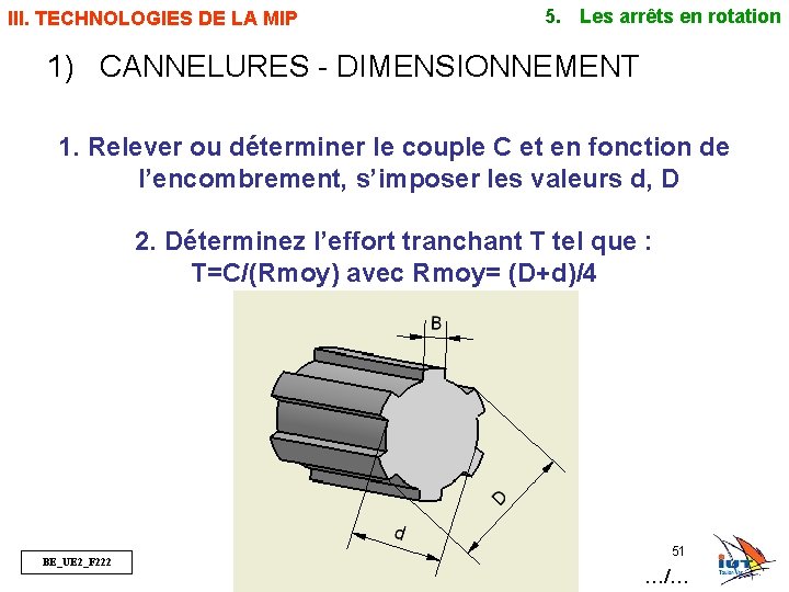 5. Les arrêts en rotation III. TECHNOLOGIES DE LA MIP 1) CANNELURES - DIMENSIONNEMENT