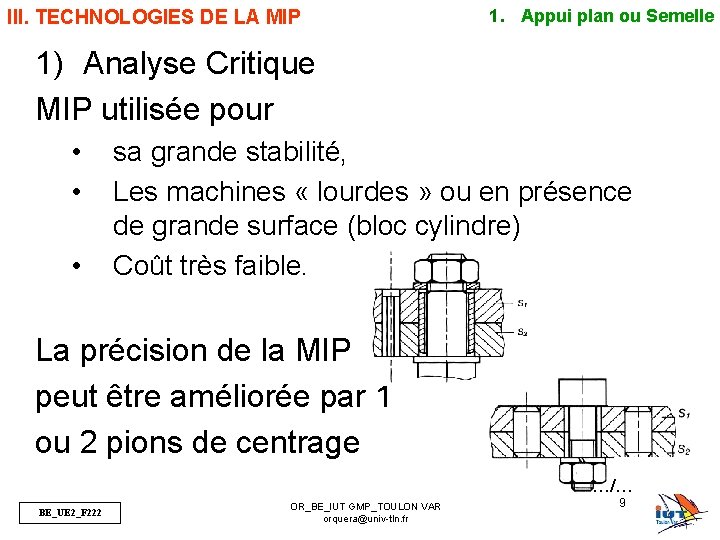 III. TECHNOLOGIES DE LA MIP 1. Appui plan ou Semelle 1) Analyse Critique MIP