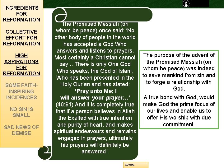 INGREDIENTS FOR REFORMATION COLLECTIVE EFFORT FOR REFORMATION HIGH ASPIRATIONS FOR REFORMATION SOME FAITHINSPIRING INCIDENCES