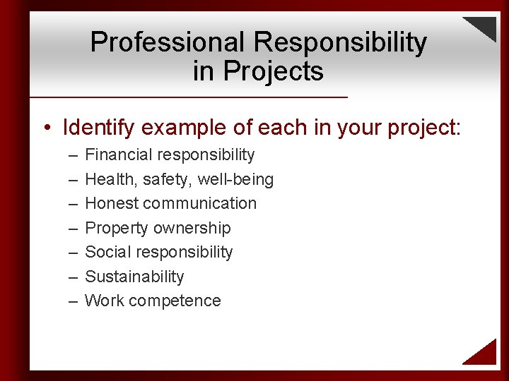 Professional Responsibility in Projects • Identify example of each in your project: – –