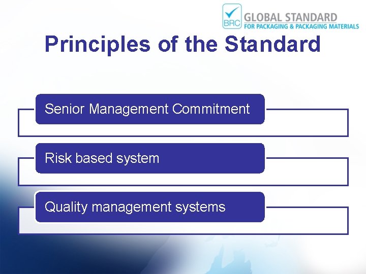 Principles of the Standard Senior Management Commitment Risk based system Quality management systems 