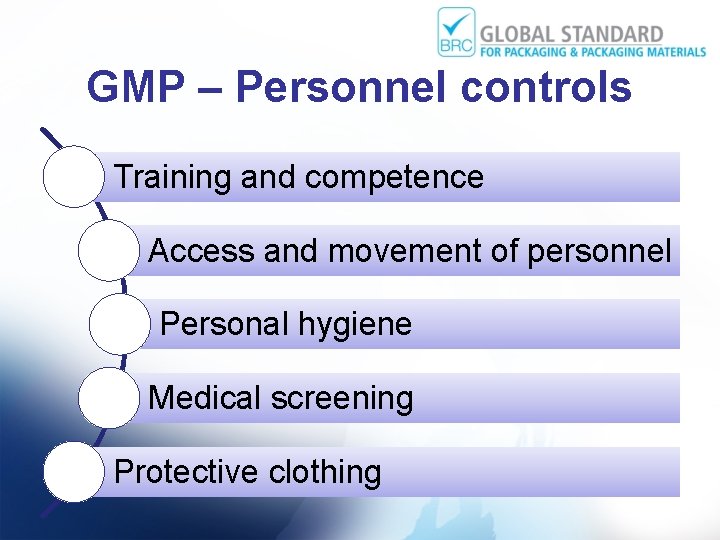 GMP – Personnel controls Training and competence Access and movement of personnel Personal hygiene