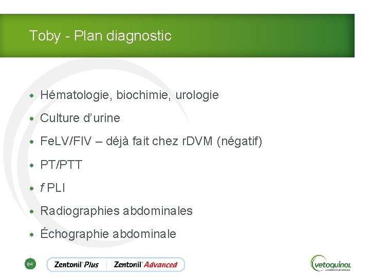 Toby - Plan diagnostic • Hématologie, biochimie, urologie • Culture d’urine • Fe. LV/FIV