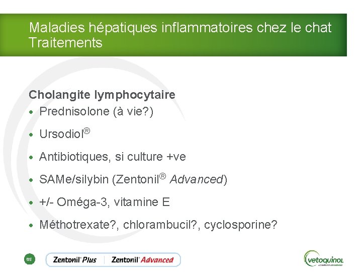 Maladies hépatiques inflammatoires chez le chat Traitements Cholangite lymphocytaire • Prednisolone (à vie? )