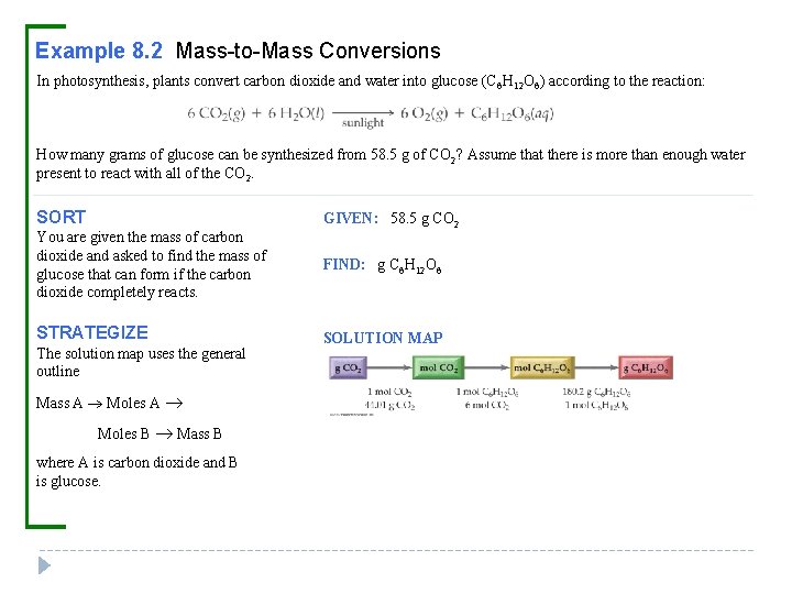 Example 8. 2 Mass-to-Mass Conversions In photosynthesis, plants convert carbon dioxide and water into