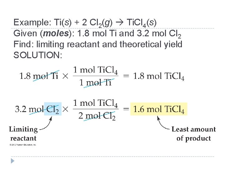 Example: Ti(s) + 2 Cl 2(g) Ti. Cl 4(s) Given (moles): 1. 8 mol