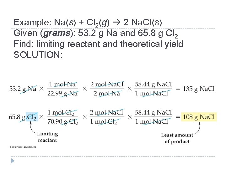 Example: Na(s) + Cl 2(g) 2 Na. Cl(s) Given (grams): 53. 2 g Na