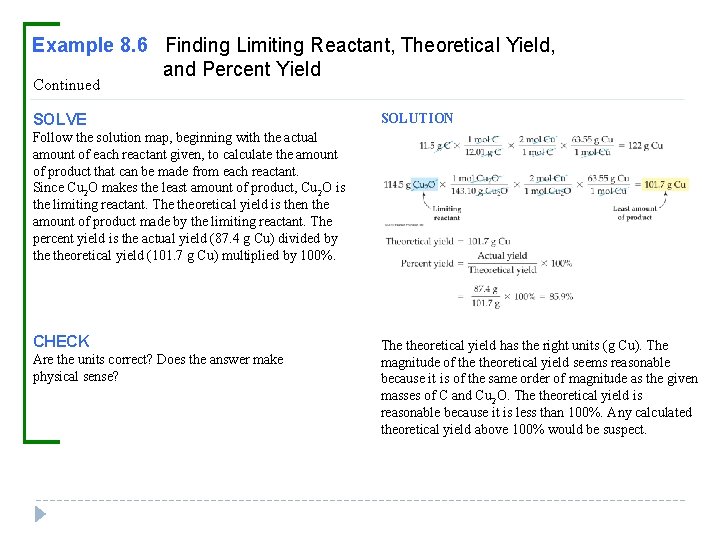 Example 8. 6 Finding Limiting Reactant, Theoretical Yield, and Percent Yield Continued SOLVE SOLUTION
