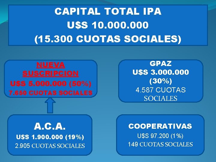 CAPITAL TOTAL IPA U$S 10. 000 (15. 300 CUOTAS SOCIALES) NUEVA SUSCRIPCION U$S 5.